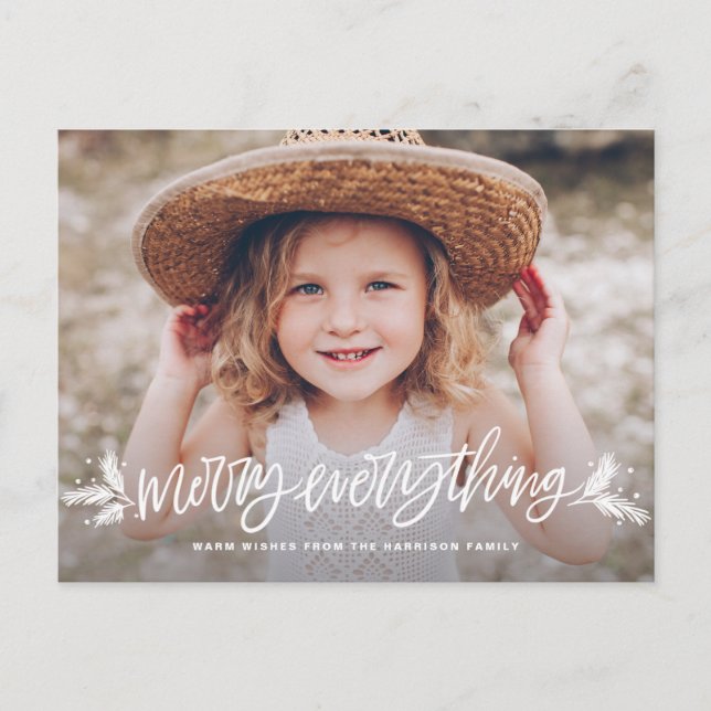Merry Everything Hand Lettered Christmas Photo Invitation Postcard (Front)