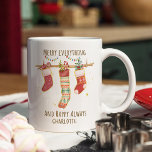 Merry Everything Happy Always Christmas Stockings Coffee Mug<br><div class="desc">Merry Everything Happy Always Rustic Christmas Stockings Personalised Name Coffee Mug features the text "Merry everything and happy always" in a modern script typography with festivefestive Christmas stockings hanging from a tree branch. Personalise with your custom name for a super gift. Perfect gift for family and friends for Christmas and...</div>