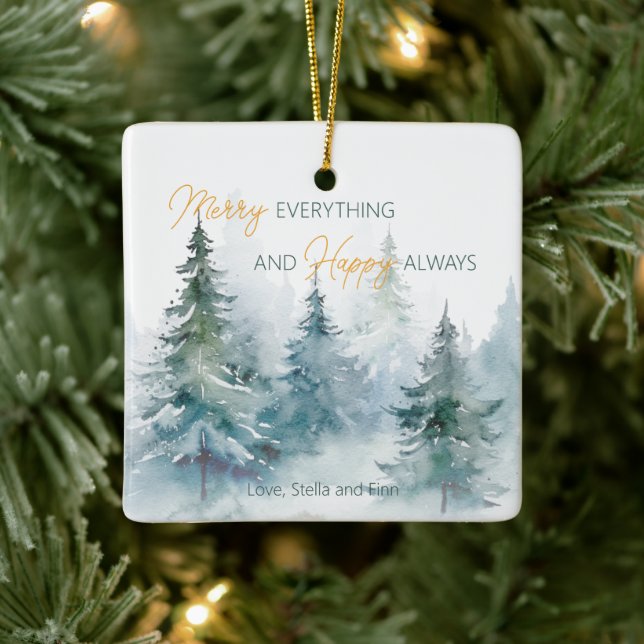 Merry Everything Happy Always Winter Trees Ceramic Ornament (Tree)