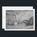 Merry Everything Holiday Photo Green Christmas<br><div class="desc">Personalised Christmas cards for family featuring the words "merry everything", on cute and delicate handwritten like white typeface, and a simple white border framing a black and white photo template of a sleeping baby. The back of these cute Christmas flat photo cards feature a fun pattern, with green and white...</div>