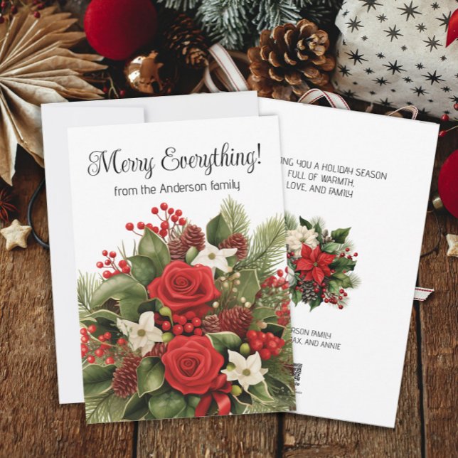 Merry Everything Holiday Red White Floral Greenery (Red and white floral and greenery "Merry Everything" holiday greeting card. Personalized text.)