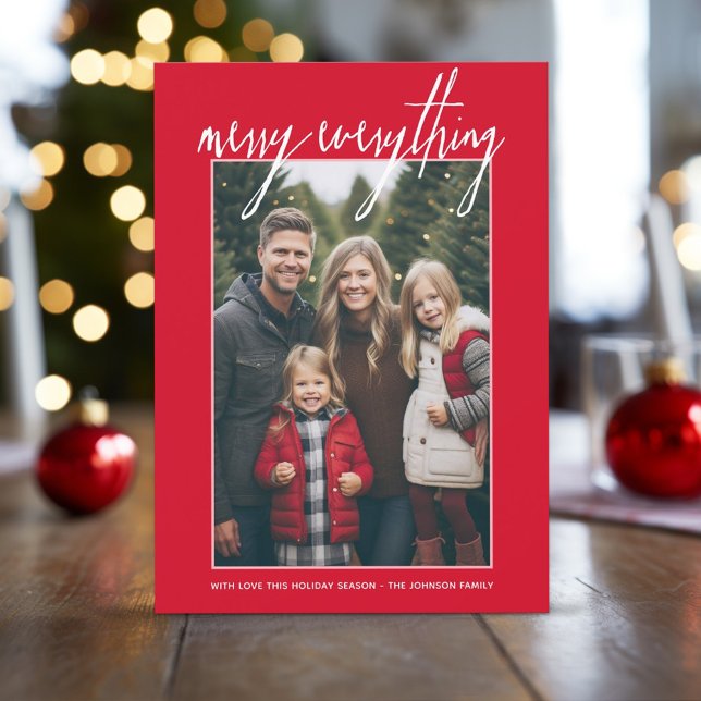 Merry Everything Modern Christmas 1 Photo Red Holiday Card (1 Photo - Vertical Christmas Card - Merry Everything)