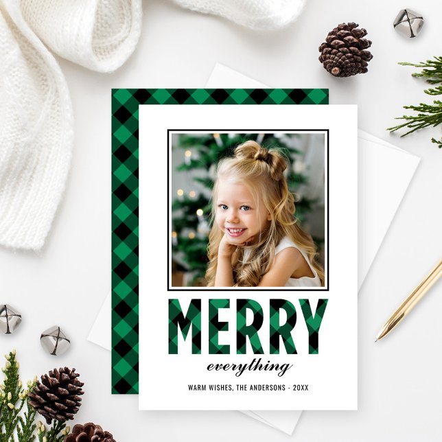 Merry Everything Modern Green Buffalo Plaid Photo Holiday Card (Creator Uploaded)