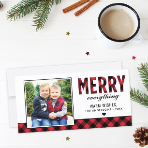Merry Everything Modern Red Buffalo Plaid Photo Holiday Card