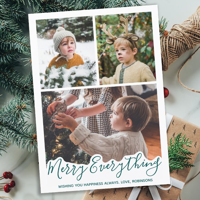 Merry Everything Personalised Modern 3 Photos  Holiday Card (Creator Uploaded)