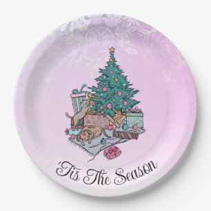 Merry Everything Pink Christmas Tree Cat and Dog Paper Plate