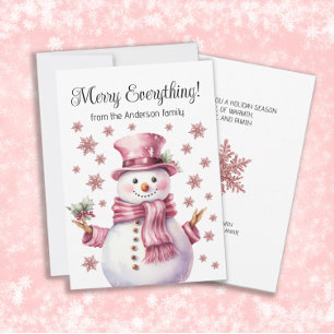 Merry Everything Pink Snowman Snowflakes Holiday Card
