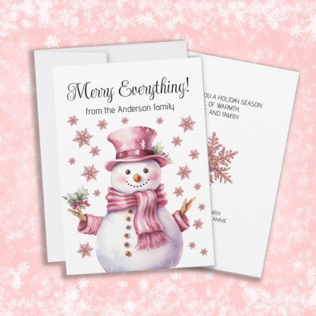 Merry Everything Pink Snowman Snowflakes Holiday Card (Cute pink snowman and snowflakes "Merry Everything" custom Christmas/holiday greeting card.)