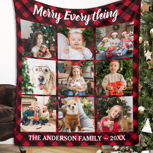Merry Everything Red Buffalo Plaid 9 Photo Collage Fleece Blanket