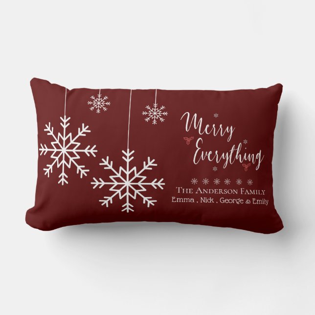 MERRY EVERYTHING Red Snow Flake Family Name Lumbar Cushion (Front)