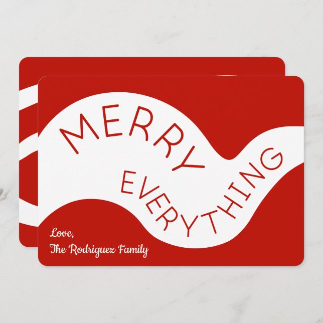 Merry Everything Red Typography Abstract Curves Holiday Card (Front/Back)