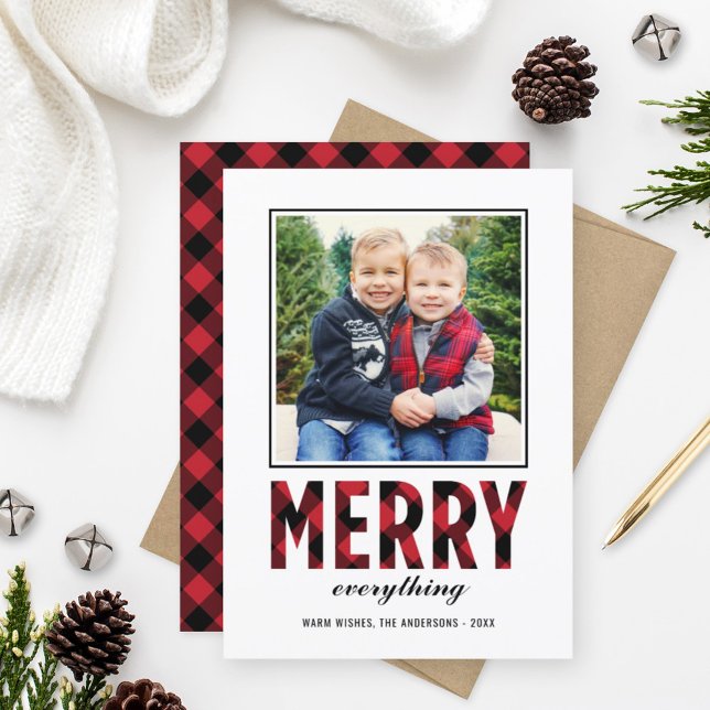 Merry Everything Rustic Red Buffalo Plaid Photo Holiday Card (Creator Uploaded)