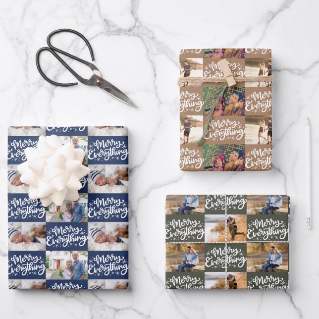 Merry Everything Script Chequerboard 6 Photo Set Wrapping Paper Sheet (Front)