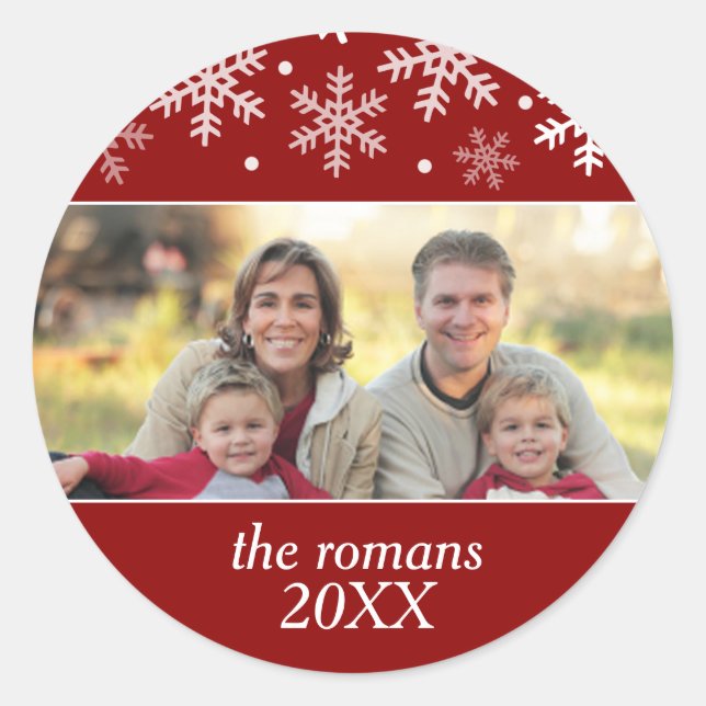 Merry Everything Snowflake, Red Holiday Photo Classic Round Sticker (Front)