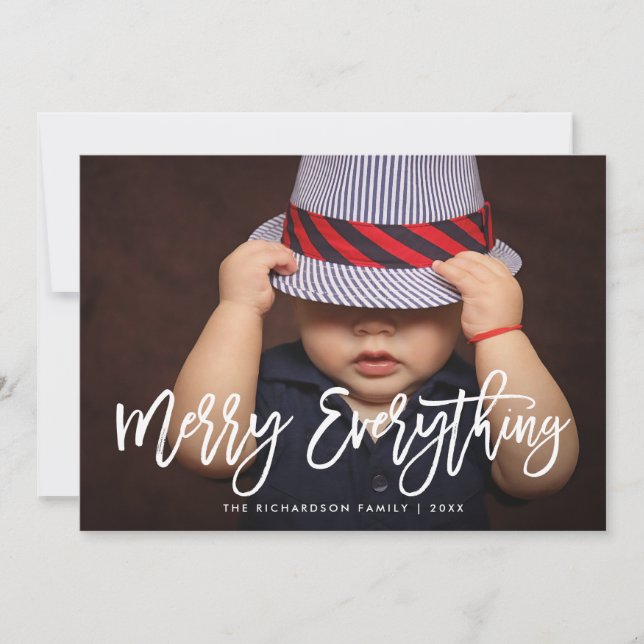 Merry Everything Stylish Script Pattern and Photo Holiday Card (Front)