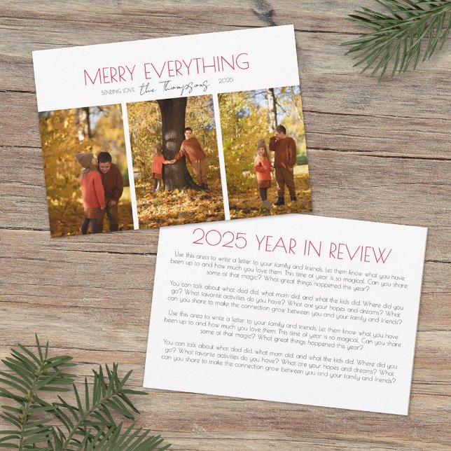 Merry Everything Three Photo Christmas Card (Creator Uploaded)
