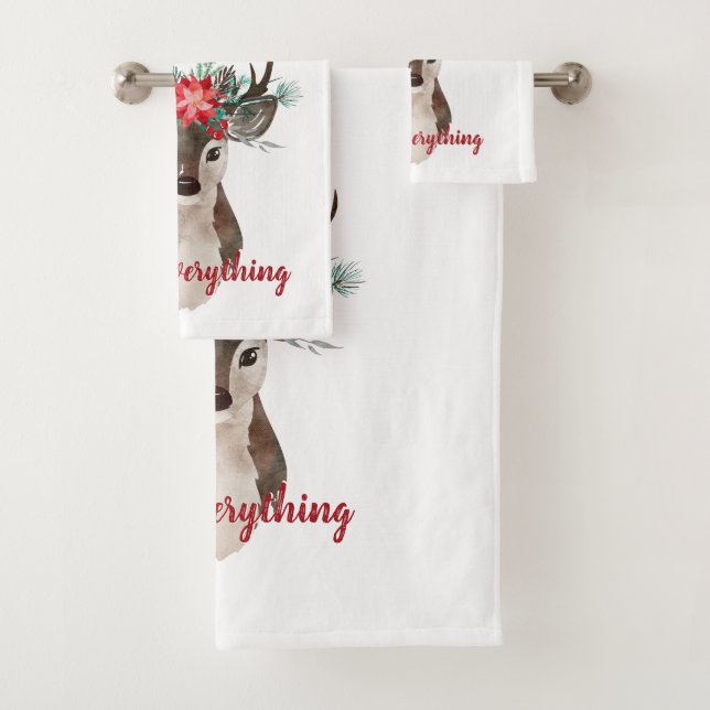 Merry Everything Watercolor Deer Antler Bouquet Bath Towel Set (Insitu)