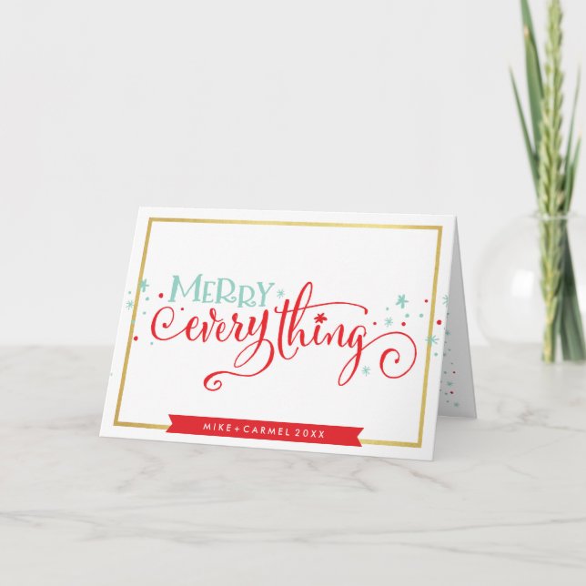 MERRY EVERYTHING whimsical simple gold border Holiday Card (Front)