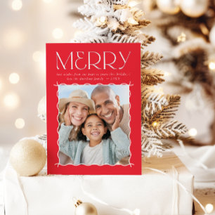 MERRY FAMILY PHOTO fun modern wavy border red Holiday Card