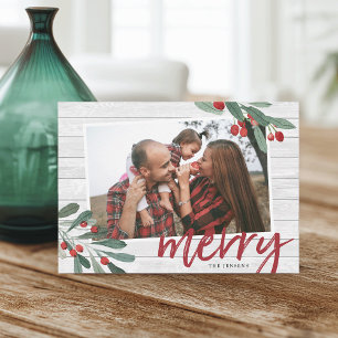 Merry   Farmhouse Holly Photo Holiday Card