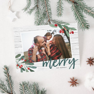 Merry   Farmhouse Holly Photo Holiday Card