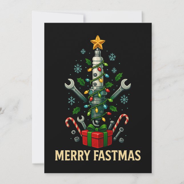 Merry Fastmas Spark Plug Christmas Tree Mechanic  Holiday Card (Front)