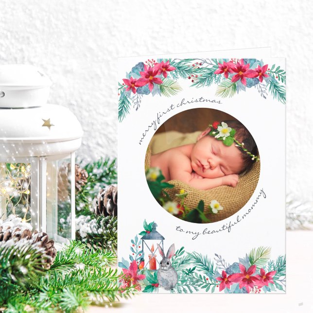 Merry First Christmas Holly Mistletoe Baby Photo Holiday Card (Creator Uploaded)