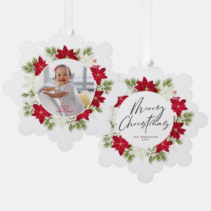 Merry First Christmas Red Poinsettia Wreath Tree Decoration Card