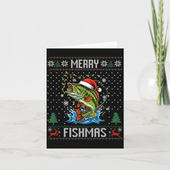 Merry Fishmas B Fish Fishing Christmas Ugly Sweate Card (Front)
