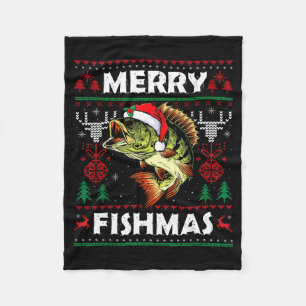 Merry Fishmas B Fish Fishing Christmas Ugly Sweate Fleece Blanket