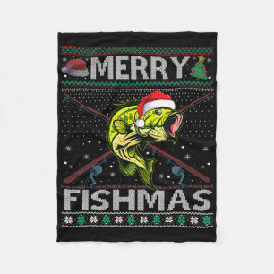 Merry Fishmas B Fish Fishing Christmas Ugly Sweate Fleece Blanket
