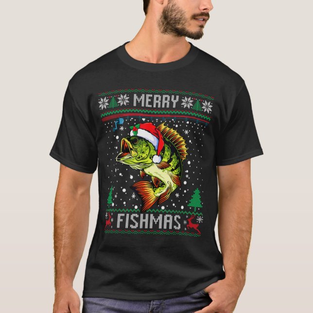 Merry Fishmas B Fish Fishing Christmas Ugly Sweate T-Shirt (Front)