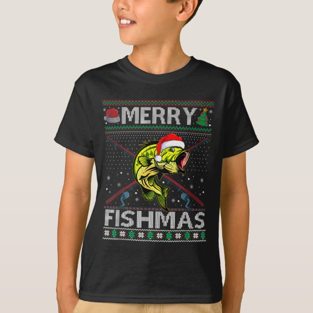 Merry Fishmas B Fish Fishing Christmas Ugly Sweate T-Shirt (Front)