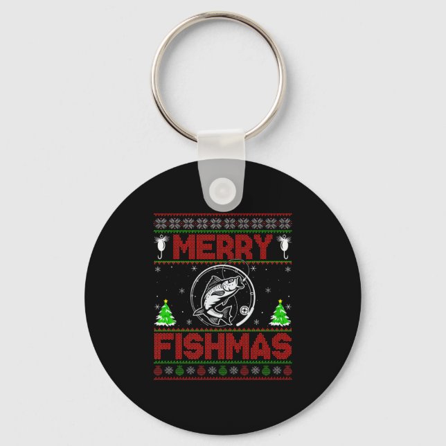Merry Fishmas B Fish Fishing Ugly Christmas Sweate Key Ring (Front)