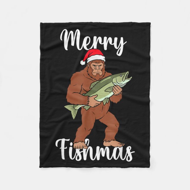 Merry Fishmas Bigfoot Fishing Funny Sasquatch Sant Fleece Blanket (Front)