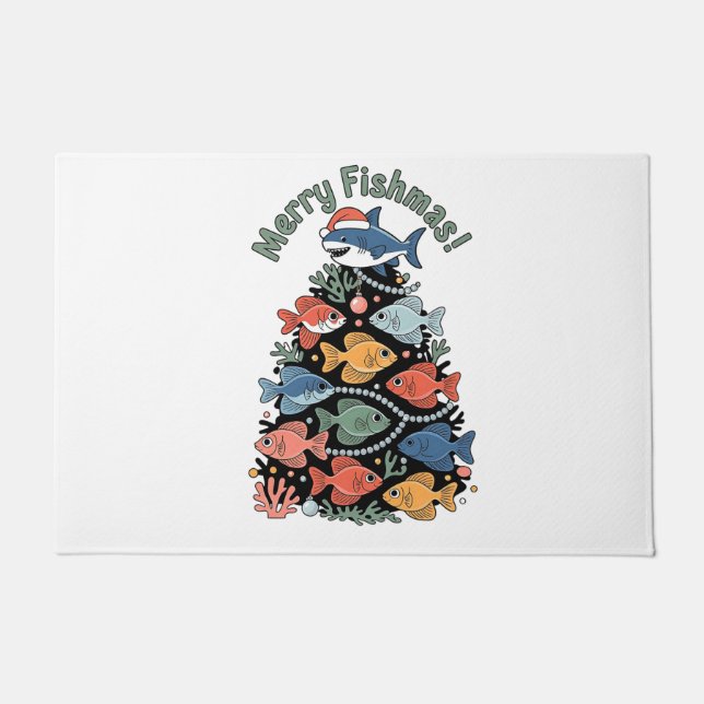 Merry Fishmas Christmas Tree Fish Funny Fishing Doormat (Front)
