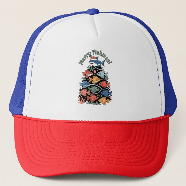 Merry Fishmas Christmas Tree Fish Funny Fishing Trucker Hat (Front)