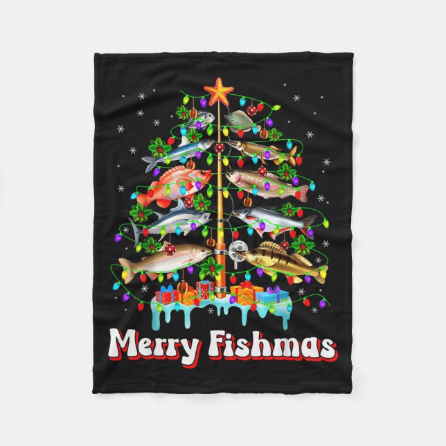 Merry Fishmas Christmas Tree Funny Fish Fishing Fi Fleece Blanket (Front)