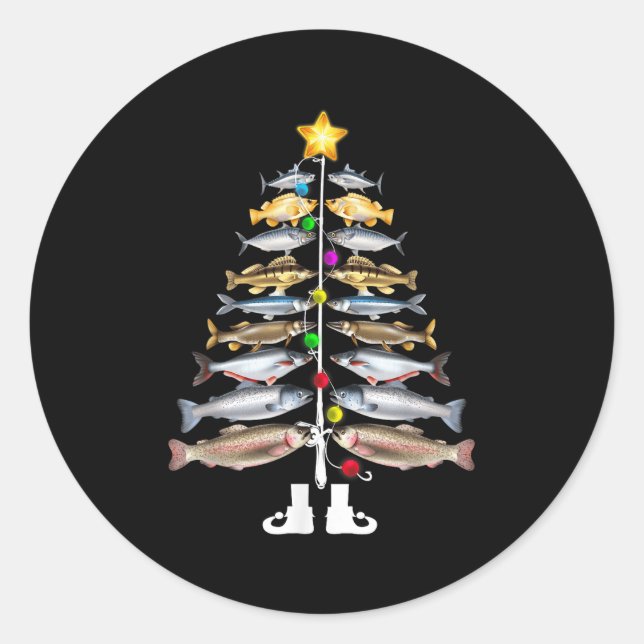 Merry Fishmas Christmas Tree Funny Fishing  Classic Round Sticker (Front)