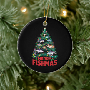 Merry Fishmas Christmas Tree Lights Fish Fishing Ceramic Ornament