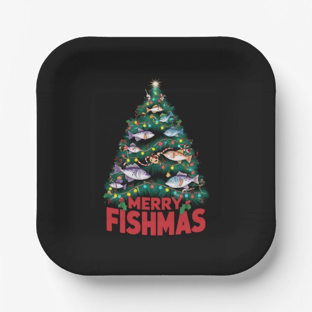 Merry Fishmas Christmas Tree Lights Fish Fishing  Paper Plate (Front)