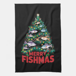 Merry Fishmas Christmas Tree Lights Fish Fishing Tea Towel