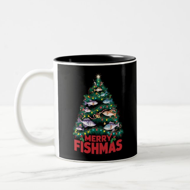 Merry Fishmas Christmas Tree Lights Fish Fishing  Two-Tone Coffee Mug (Left)