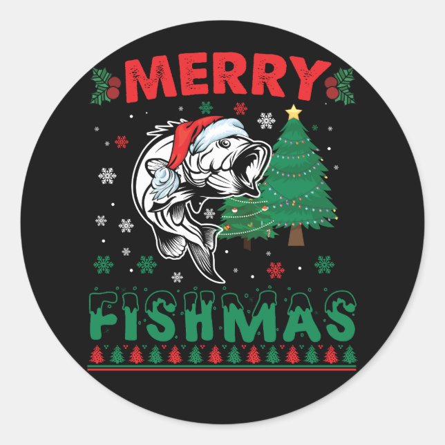 Merry Fishmas Fish Fishing Dad Fisherman Christmas Classic Round Sticker (Front)