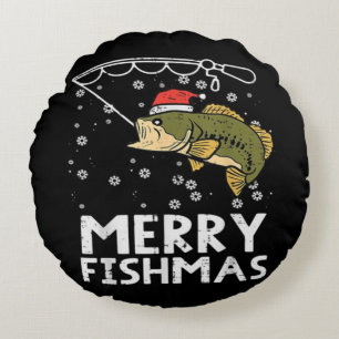 Merry Fishmas Fish Fishing Xmas Round Cushion