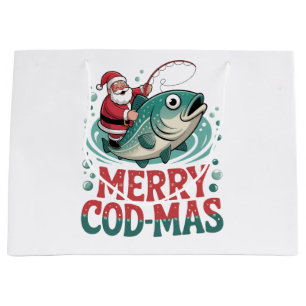 Merry Fishmas Fishing Christmas Santa Claus Xmas Large Gift Bag