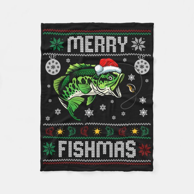 Merry Fishmas Fun Fish Fishing Fisherman Ugly Chri Fleece Blanket (Front)