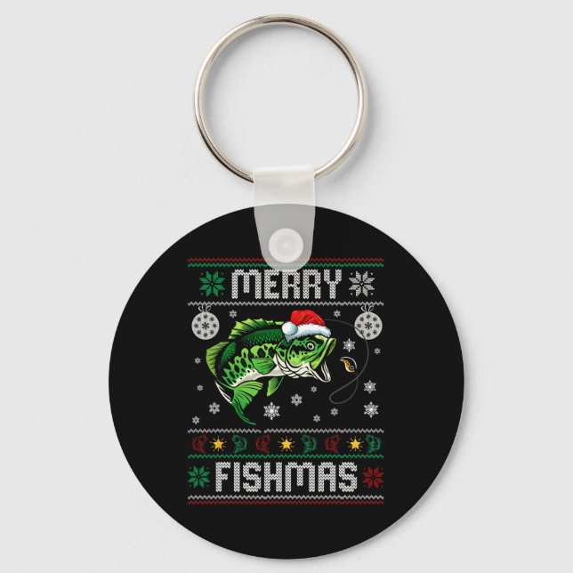 Merry Fishmas Fun Fish Fishing Fisherman Ugly Chri Key Ring (Front)