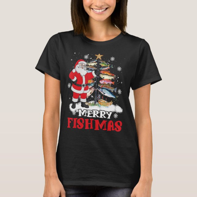 Merry Fishmas Funny Christmas Lights Santa Fish Fi T-Shirt (Front)