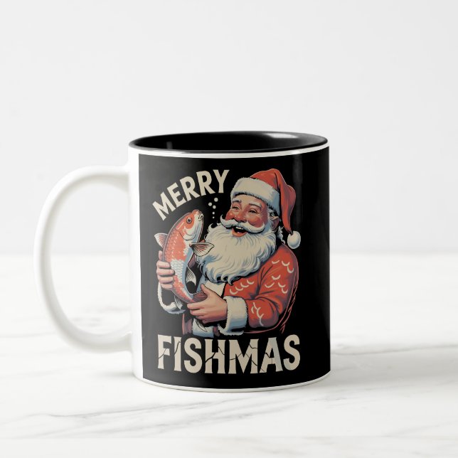 Merry Fishmas Funny Christmas Santa Claus Fishing  Two-Tone Coffee Mug (Left)